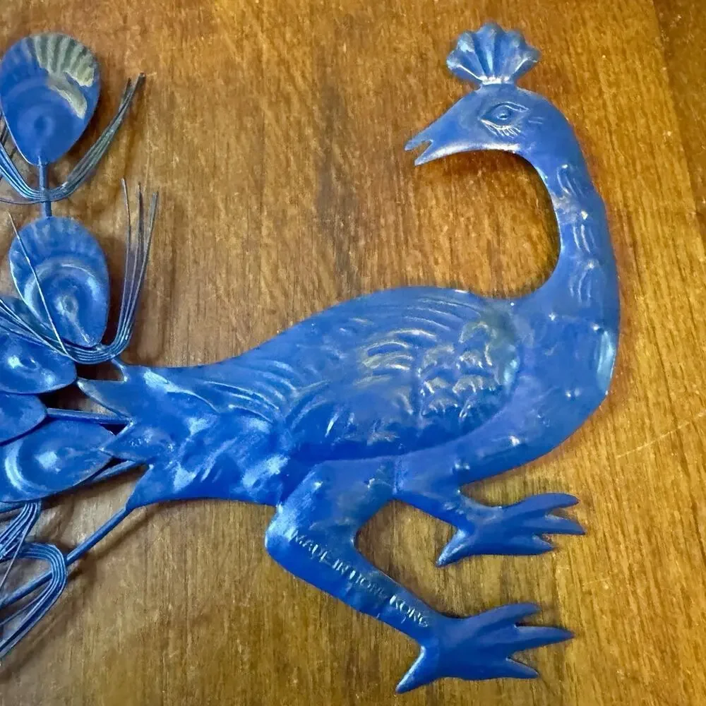 Rare Blue Vintage Peacock Wall Art Pair Mid Century Modern Hong Kong 1960’s